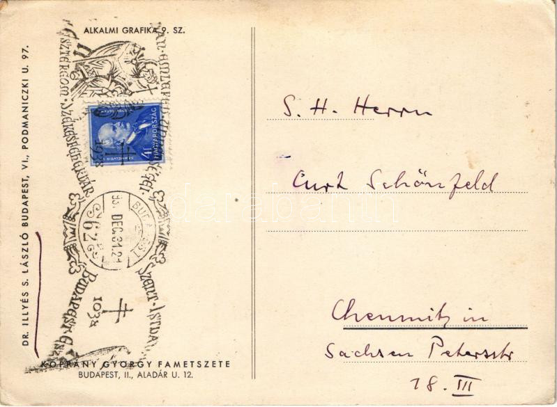 1938 Az új évben jöjjön jobbkor, kívánja Illyés doktor. Dr. Illyés S. László orvos üdvözlő reklámlapja. Budapest Podmaniczky utca 97. - fametszet / New Year greeting art postcard, Hungarian doctor's advertisement, woodcut s: Koppány - Image 2