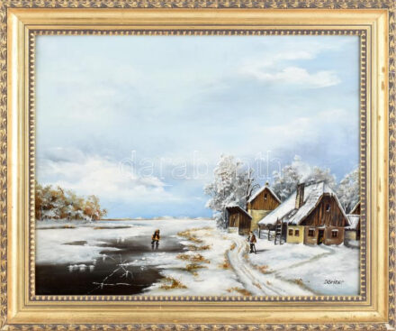 Dörfner Edit (?-): Téli világ. Olaj, farost, jelzett. Dekoratív, kissé sérült fakeretben. 40×50 cm.