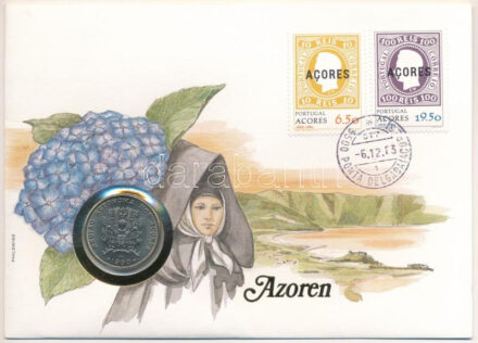 Portugália / Azori-szigetek 1980. 25E Cu-Ni 'Az Azori-szigetek autonóm régiója' forgalmi emlékkiadás felbélyegzett borítékban, bélyegzéssel, német nyelvű leírással T:AU Portugal / The Azores 1980. 25 Escudos Cu-Ni 'Regional Autonomy