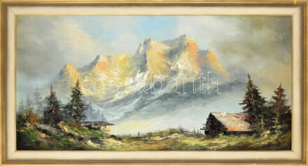 Garbisch jelzéssel: Alpesi táj. Olaj, farost. Dekoratív, kissé sérült fakeretben. 50×100 cm. KIZÁRÓLAG SZEMÉLYES ÁTVÉTEL, NEM POSTÁZZUK! / ONLY PERSONAL COLLECTION AT OUR OFFICE!