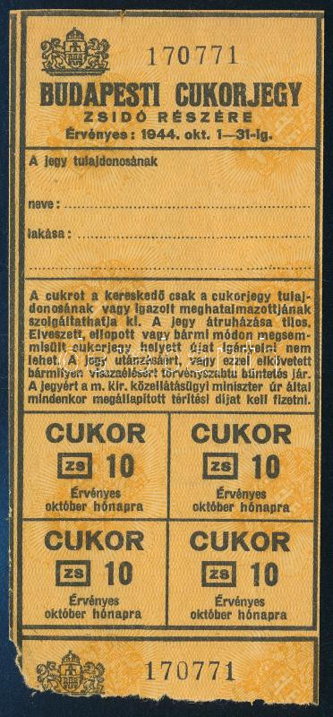 1944 Budapesti cukorjegy zsidó részére