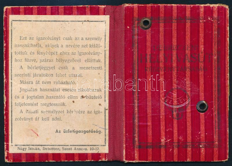 1943 Debreceni Helyi Vasút Részvénytársaság fényképes igazolványa - Image 2