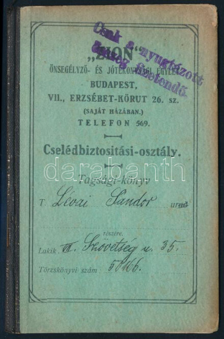 1907 Bp., 'Zion' Önsegélyező- és Jótékonysági Egylet cselédbiztosítási osztály tagsági könyv