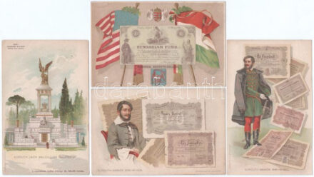 ~1910. Jelenetek Kossuth Lajos élete történetéből, I. kiadás. 3xklf nem futott litho képeslap, Atheneum Rt. kiadása. III., IV., VI. 'Kossuth bankó' kép T:XF ragasztó miatt sérült hátlapok / Hungary ~1910. Scenes from the life of Lajos