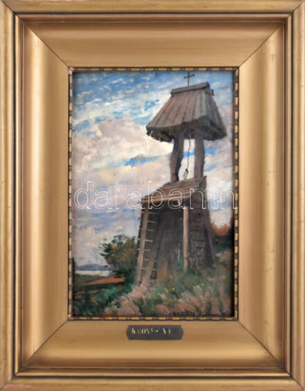 Katona Nándor (1864-1932): A fonyódi harang, 1913. Olaj, falemez, jelezve jobbra lent. Hátoldalán hagyatéki bélyegzővel valamint régi raglapokkal. Üvegezett fakeretben. 36x24 cm / Nándor Katona (1864-1932): The bell in Fonyód (at lake