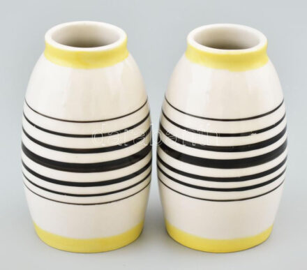 Zsolnay Nádor Judit retró váza 2db, kézzel festett porcelán, jelzett, kopásnyomokkal, m: 12 cm