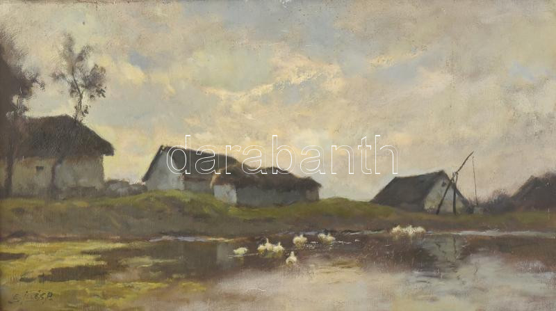 Edvi Illés Aladár (1870-1958): Faluvége. Olaj, vászon. Jelzett. Dekoratív, sérült fakeretben. 34x61 cm / oil on canvas, signed, framed - Image 2