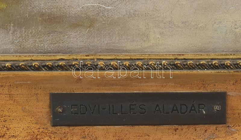 Edvi Illés Aladár (1870-1958): Faluvége. Olaj, vászon. Jelzett. Dekoratív, sérült fakeretben. 34x61 cm / oil on canvas, signed, framed - Image 3