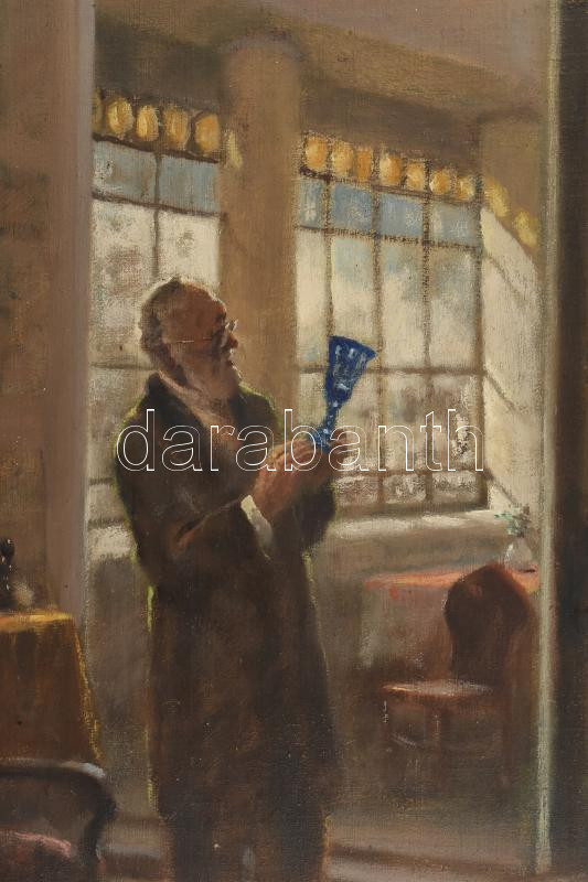 Péczely Antal (1891-1944): A műgyűjtő. Olaj, vászon, jelzett. Dekoratív, kissé sérült fakeretben, 50×60 cm / Péczely Antal (1891-1944): The art collector. Oil on canvas, signed. Framed, 50×60 cm - Image 2