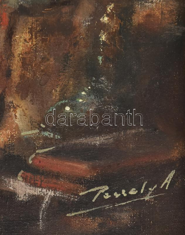 Péczely Antal (1891-1944): A műgyűjtő. Olaj, vászon, jelzett. Dekoratív, kissé sérült fakeretben, 50×60 cm / Péczely Antal (1891-1944): The art collector. Oil on canvas, signed. Framed, 50×60 cm - Image 3