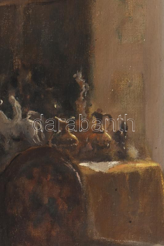 Péczely Antal (1891-1944): A műgyűjtő. Olaj, vászon, jelzett. Dekoratív, kissé sérült fakeretben, 50×60 cm / Péczely Antal (1891-1944): The art collector. Oil on canvas, signed. Framed, 50×60 cm - Image 4