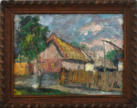 Vincze András (1914-1987): Utcarészlet. Olaj, karton, jelzett. Hátoldalán autográf felirattal. Dekoratív, kissé sérült fakeretben. 28,5×39 cm