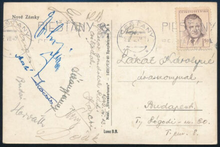 1949 FTC tagjainak aláírása képeslapon (Czibor, Budai, Kocsis, Dékány, Deák, lakat, Guba, Kéri, Horváth, Szabó)
