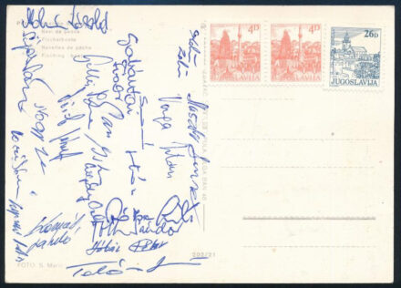 1985 ZTE csapattagjainak aláírása képeslapon (Galántai, Molnár, Sipos, Nagy, Rózsa, Czigány, Péter, stb.)