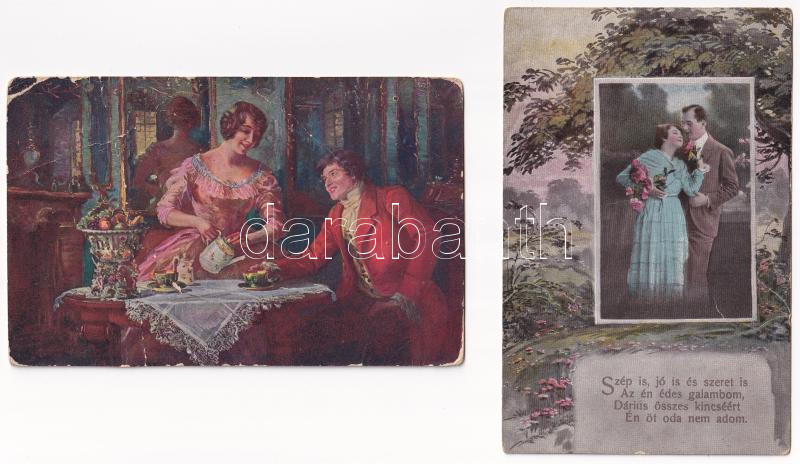 5 db régi romantikus képeslap vegyes minőségben / 5 pre-1945 romantic art postcards in mixed quality - Image 2