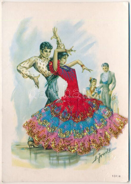 Spanish folklore - modern silk and textile card / Spanyol táncos - Modern textil képeslap