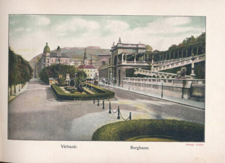 cca 1900 Budapest fő és székváros (Haupt- und Residenzstadt) képes album, Erdélyi fényképész felvételeivel, kiadja: Münchener Graphischen Verlag, előzék- és címlapon folttal és kisebb szakadással, színes képekkel, hirdetésekkel,