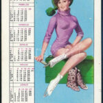 1971 Játékkártyagyár és Nyomda Budapest, pin-up grafikákkal illusztrált kártyanaptár, kétoldalas, 10,5x6,5 cm