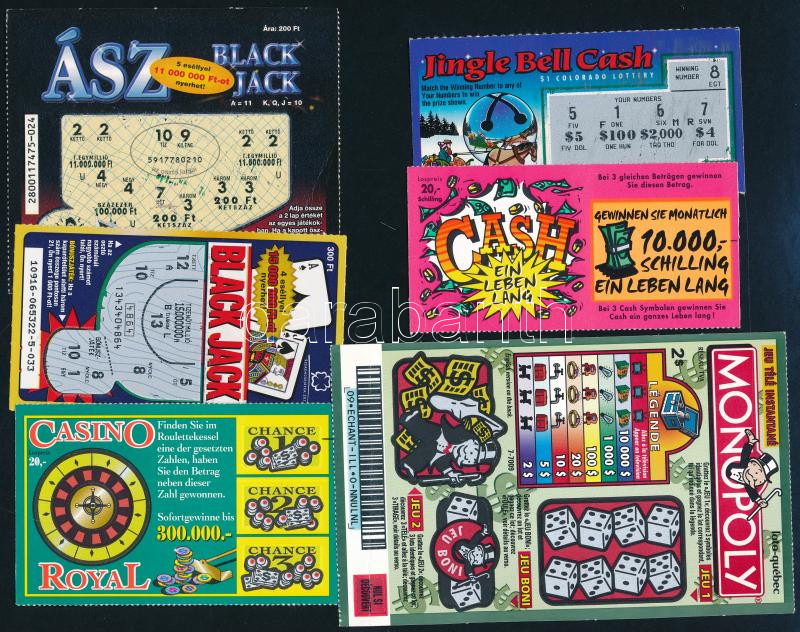 6 db kaparós sorsjegy (Black Jack, Casino, Monopoly, stb.), közte lekaparatlan is