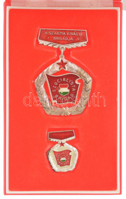 ~1970-1980. 'Szocialista Brigád - A Szakma Kiváló Brigádja' műgyantás fém kitüntető jelvény miniatűrrel, kissé sérült eredeti tokban T:AU