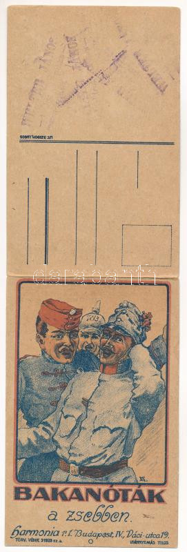 Bakanóták a zsebben. Harmónia rt. kiadása - 2-részes kinyitható reklám képeslap / Hungarian military songs - 2-tiled folding advertising postcard