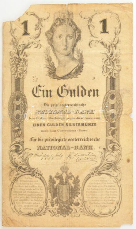 1848. 1G vízjeles papíron T:VG anyaghiány, ragasztott / Hungary 1848. 1 Gulden on watermarked paper C:VG missing material, taped Adamo G82