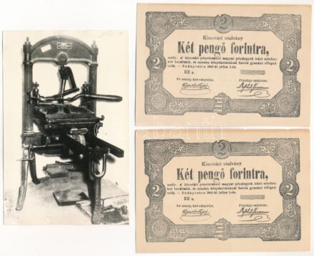 1849. 2Ft 'Kincstári utalvány' imitációja (2db), egyik hátlapján 'A magyar pénz története kiállítás - 1962. március 4.-i megnyitóján készült az 1848-as gyorssajtón, az eredeti nyomólemezzel a Balassagyarmati Palóc Múzeumban'
