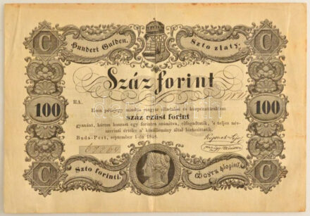 1848. 100Ft 'Kossuth bankó' T:F szép papír, fo. / Hungary 1848. 100 Forint 'Kossuth banknote' C:F fine paper, spotted Adamo G114