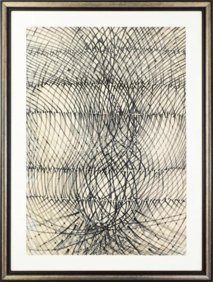 Gyarmathy Tihamér (1915-2005): Struktúrák (cím nélkül), 1967. Tus, papír. Jelezve jobbra lent: Gyarmathy 967, jobbra fent: Gyarmathy Tihamér. 83×58 cm. Üvegezett fakeretben. / ink on paper, signed lower right and upper right, framed