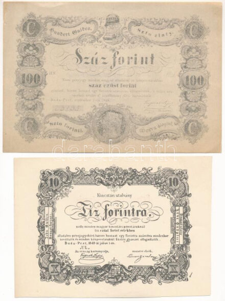 1848. 100Ft 'Kossuth bankó' imitációja, hátoldalán 'Nyomatott a Magyar Nemzeti Múzeum Magyarország története a honfoglalástól 1849-ig c. kiállításon 1967. május 31.' + 1849. 10Ft 'Kincstári utalvány' imitációja, hátoldalán