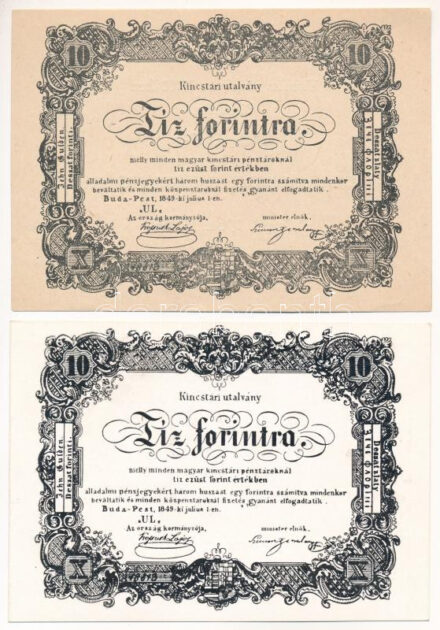 1849. 10Ft 'Kincstári utalvány' imitációja, hátoldalán 'Hazafias Népfront XXI. ker. Bizottsága 1848-1849-es Szabadságharci Emlékkiállítása Csepel 1964. III. 15.' (2xklf) T:AU