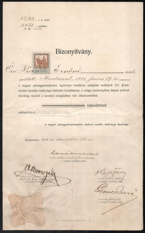 1919 Pénzügyminisztériumi bizonyítvány Béla Glatter (1888 - 1930) és mások aláírásával