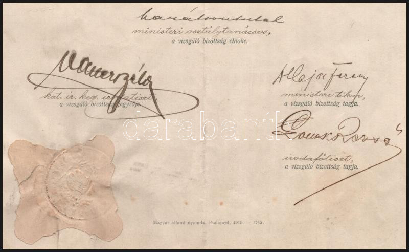 1919 Pénzügyminisztériumi bizonyítvány Béla Glatter (1888 - 1930) és mások aláírásával - Image 2