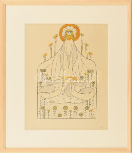 Mihály Rezső (1889-1972): Próféta (szecessziós rajz), 1910-es évek. Akvarell, tus, papír, jelezve jobbra lent (RM monogrammal). Üvegezett fakeretben. 32x24 cm. / Mihály Rezső (1889-1972): Prophet (art nouveau drawing). Watercolour and ink