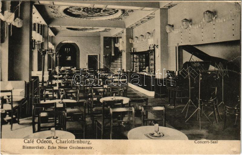 Berlin, Charlottenburg, Café Odeon, Concert-Saal. Bismarckstr. Ecke Neue Grolmannstr / café, concert hall with piano, interior (fa)