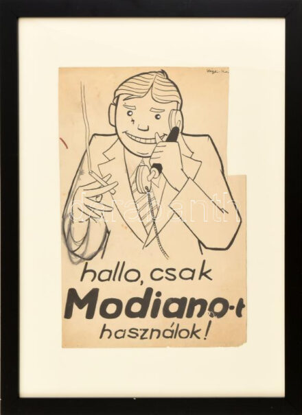 Kézdi-Kovács Elemér (1898-1976): Hallo, csak Modiano-t használok (reklámterv). Tus, ceruza, papír. Jelezve jobbra fent kissé töredékesen. Néhány apró folttal. Sérült, jobb felső részében kissé hiányos. Üvegezett fakeretben,