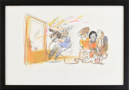 Sajdik Ferenc (1930-): Falfúró (Reader's Digest illusztráció). Vegyes technika, papír, jelezve jobbra lent. 14x22 cm. Üvegezett fakeretben. / mixed technique on paper, signed, framed