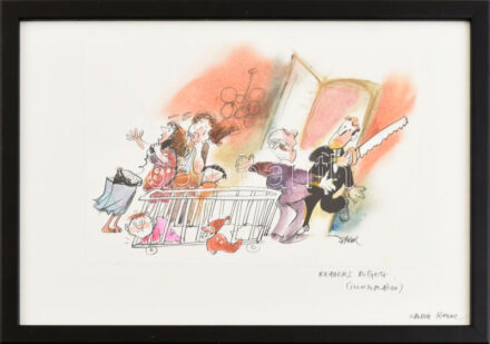 Sajdik Ferenc (1930-): Fűrészelő (Reader's Digest illusztráció). Vegyes technika, papír, jelezve jobbra lent (kétszer). 14x22 cm. Üvegezett fakeretben. / mixed technique on paper, signed, framed