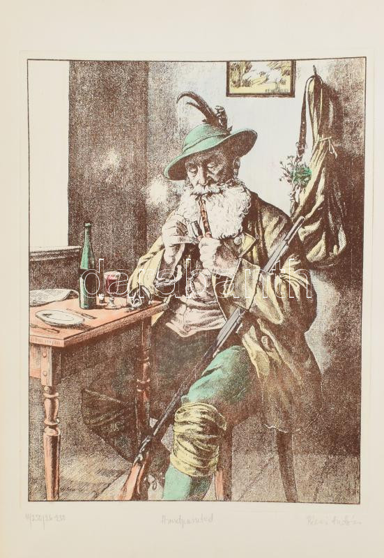 Pécsi András: Öreg vadász. Színezett rézkarc, papír, jelzett, sorszámozott 33×28 cm