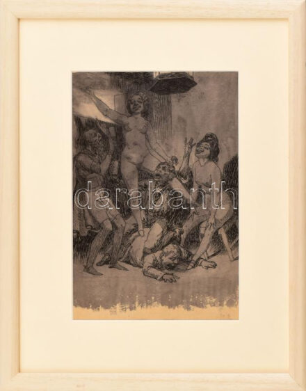 Tichy Gyula (1879-1920): Tivornya. Tus, papír, jelzés nélkül, jobbra lent datált (1904), hátoldalán Tichy Kálmánné igazolásával. 22x15 cm. Üvegezett fakeretben. / Gyula Tichy (1879-1920): Party. Ink on paper, unsigned, dated lower