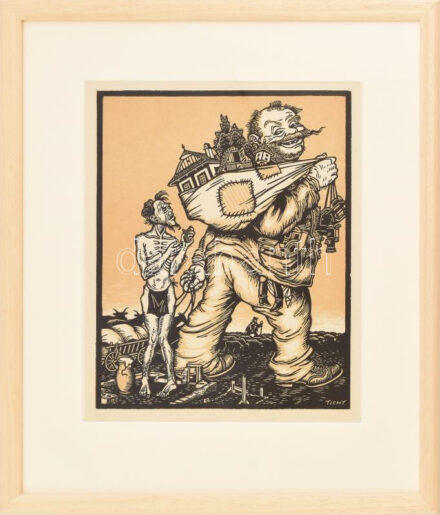 Tichy Kálmán (1888-1968): Az uzsorás. Linómetszet, papír, jelzett a metszeten, 25×20 cm. Üvegezett fakeretben. / linocut on paper, framed.