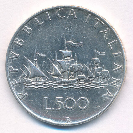 Olaszország 1958R 500L Ag 'Kolumbusz hajói' T:XF,VF Italy 1958R 500 Lire Ag 'Columbus' Ships' C:XF,VF Krause KM#98