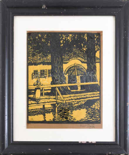 Tipary Dezső (1887-1967): Tatatóvárosi részlet, 1911. Linómetszet, papír, jelzett. 30x25,5 cm. Üvegezett fakeretben.