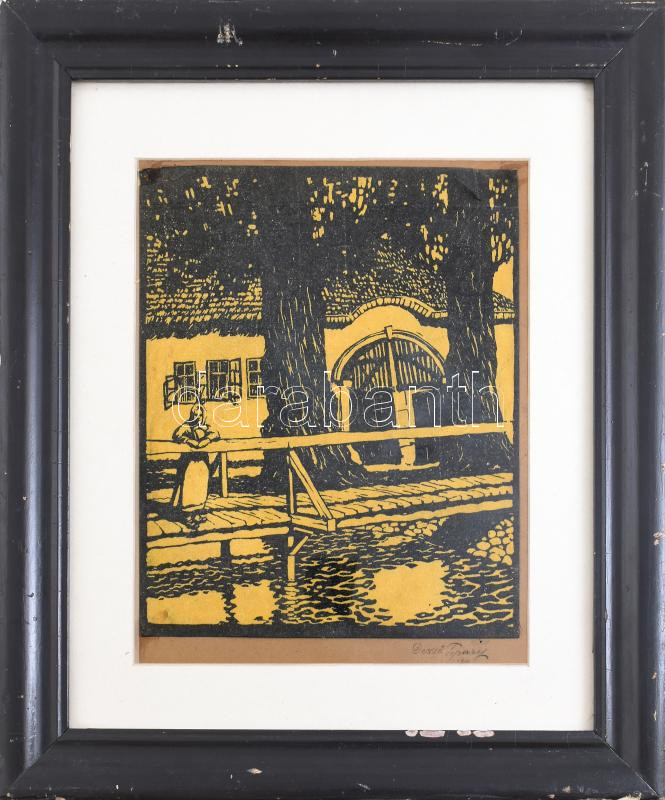 Tipary Dezső (1887-1967): Tatatóvárosi részlet, 1911. Linómetszet, papír, jelzett. 30x25,5 cm. Üvegezett fakeretben.