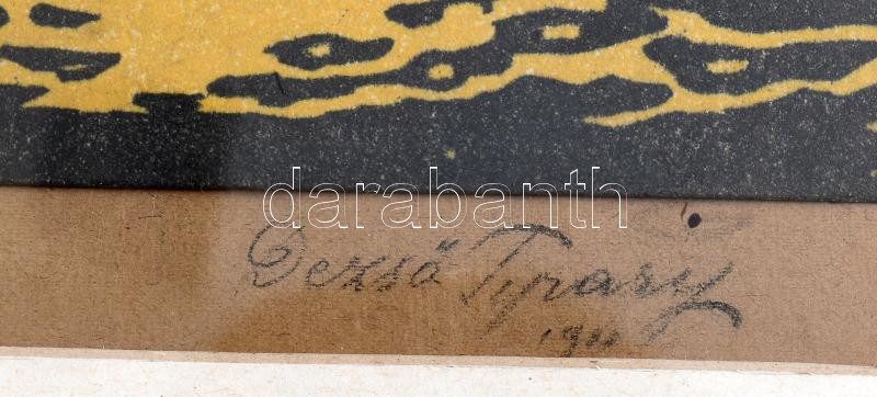 Tipary Dezső (1887-1967): Tatatóvárosi részlet, 1911. Linómetszet, papír, jelzett. 30x25,5 cm. Üvegezett fakeretben. - Image 3