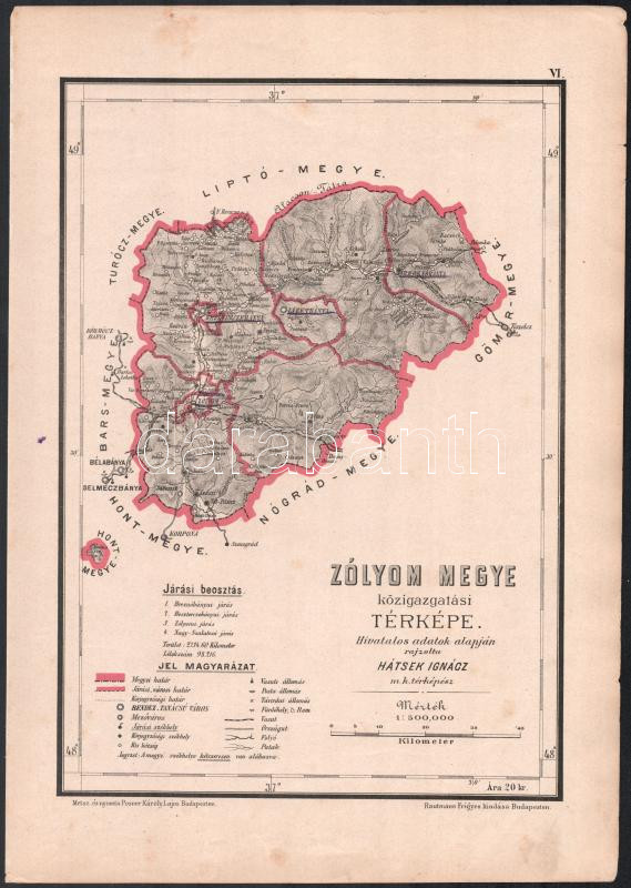 1880 Hátsek Ignác (1827-1902): Zólyom megye közigazgatási térképe, rajta: Besztercebánya, Libetbánya, Breznóbánya, Zólyom és más települések, 1:500.000, Bp., Rautmann Frigyes,(Posner Károly Lajos-ny.), bejelölésekkel, 30x21 cm,