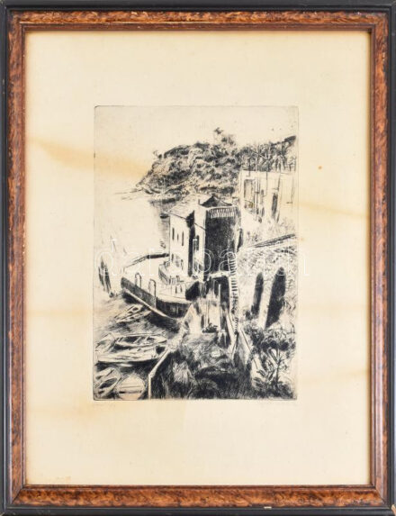Aszódi Weil Erzsébet (1901-1976): Posillipo (Nápoly). Rézkarc, papír, jelzett. 34,5×25 cm. Lap széle kissé foltos. Üvegezett fakeretben.