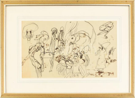 Nagy Sándor (1869-1950): Tanulmányrajzok. Diópác, papír, jelzés nélkül. 19,5×32,5 cm. Üvegezett fakeretben.