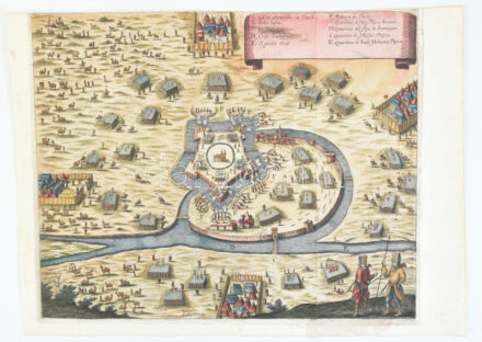 cca 1670-1674 Gaspar Bouttats (1625-1703): Nagyvárad ostroma, a metszeten olasz nyelvű magyarázat az A-K betűjelölésekhez, színezett rézmetszet, papír, jelzett a dúcon (G. Bouttats fe.), In: Priorato: Historia di Leopoldo Cesare I-III.