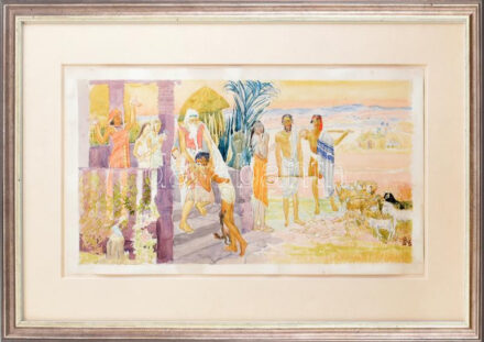 Nagy Sándor (1869-1950): A tékozló fiú (vázlat a Pesterzsébeti templomhoz), 1938 körül. Akvarell, papír. Jelezve jobbra lent monogrammal. 23×46 cm. Üvegezett fakeretben.